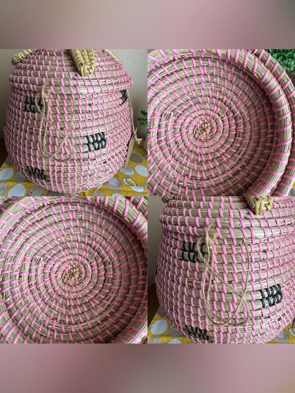 Large wicker coiled strawberry basket with lid